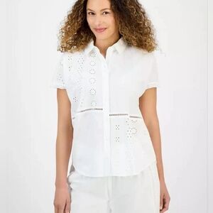 Style & Co White Eyelet Cotton Blouse Size 1X Lightweight Summer Button Front